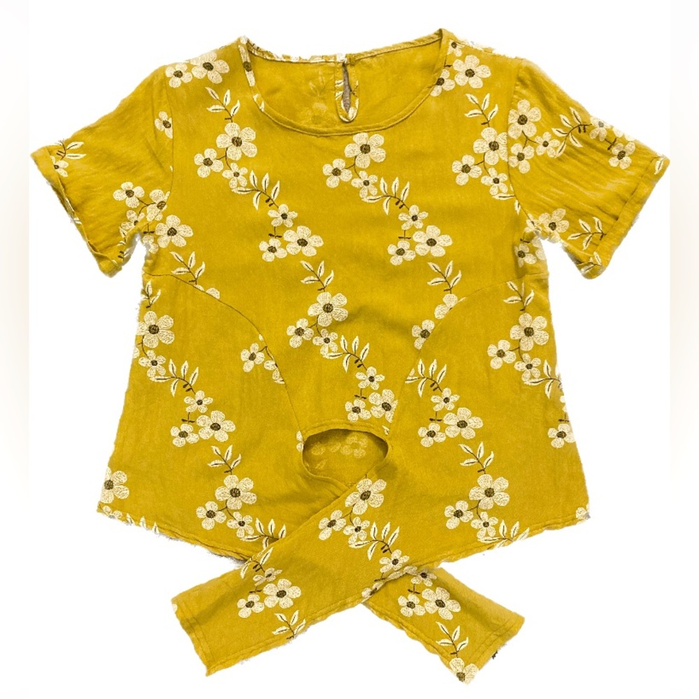 A13 Yellow Floral Blouse Daisy Embroidered Front Tie Top Short Sleeve sz Small